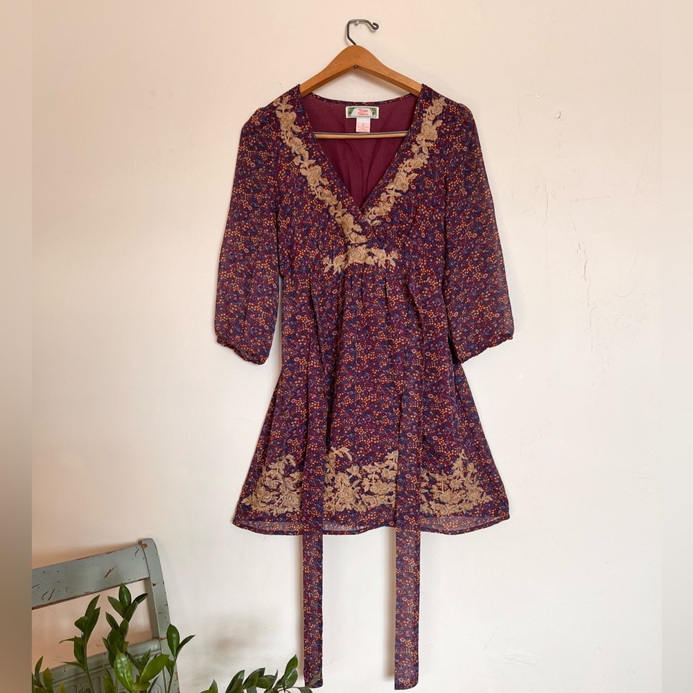 Flying Tomato 3/4 sleeve purple floral Boho mini dress size S